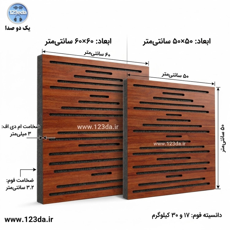 مقایسه دو سایز پنل آکوستیک ویو وود طرح رکورد رنگ فندقی، ابعاد ۵۰×۵۰ و ۶۰×۶۰ سانتیمتر، ضخامت امدیاف ۳ میلیمتر و فوم ۳.۲ سانتیمتر، دانسیته ۱۷ و ۳۰ کیلوگرم، محصول یک دو صدا